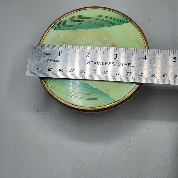 Antique 3 Jar Dresser Vanity Set Celluloid Green Floral 2 Powder Puffs - Picture 7 of 16